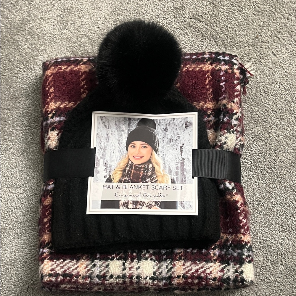 Black Pom-Pom Hat and Plaid Scarf Set